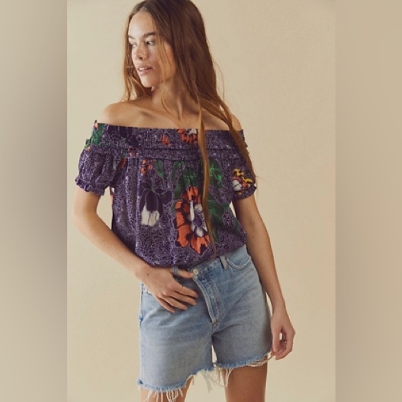 Free‎ People Suki blouse Floral Off Shoulder Size Small Purple Boho - Picture 1 of 7